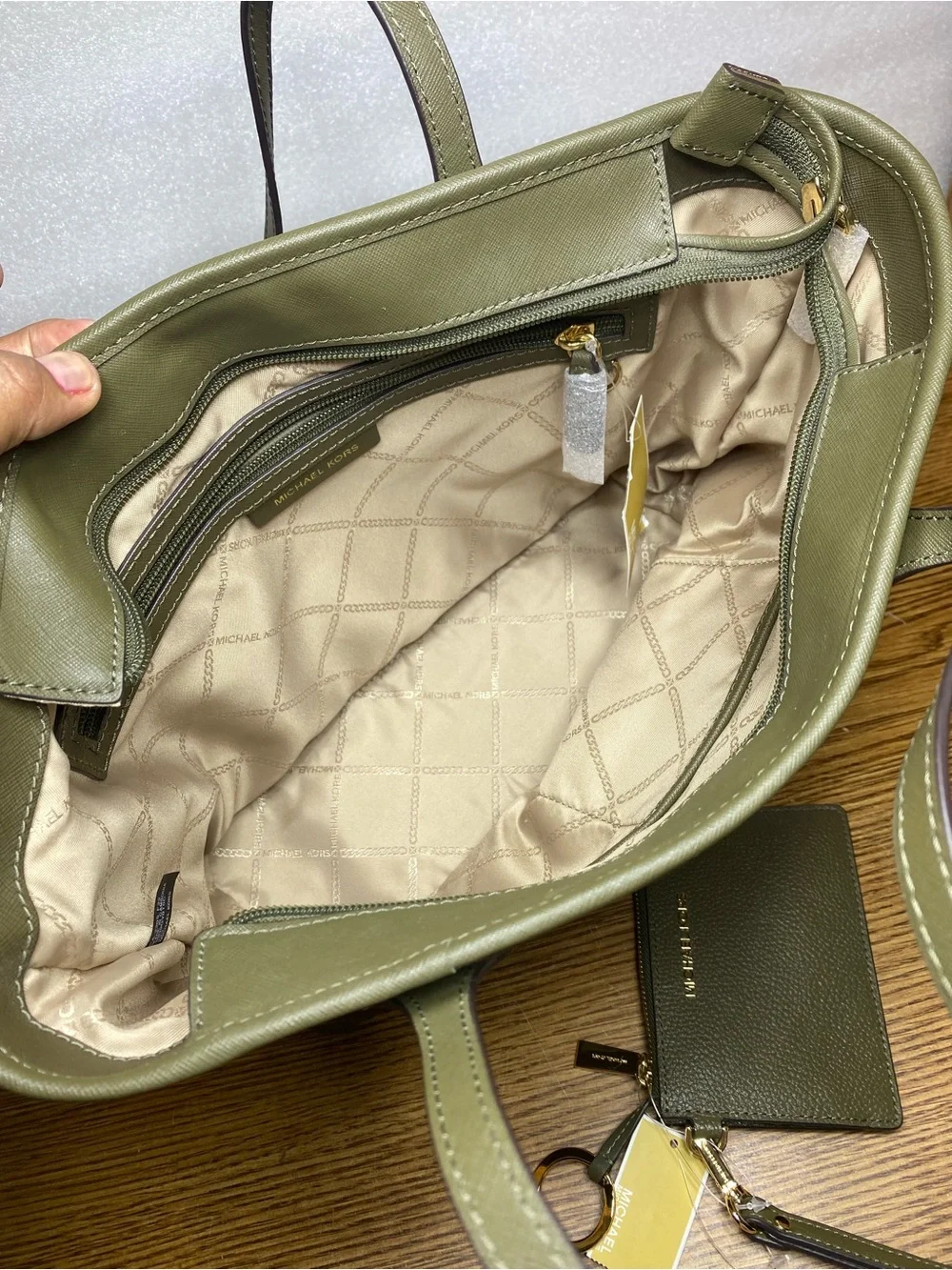 MICHAEL Kors Eva Small Zip Top Nylon Green Tote Shoulder Bag With Wallet Bundle